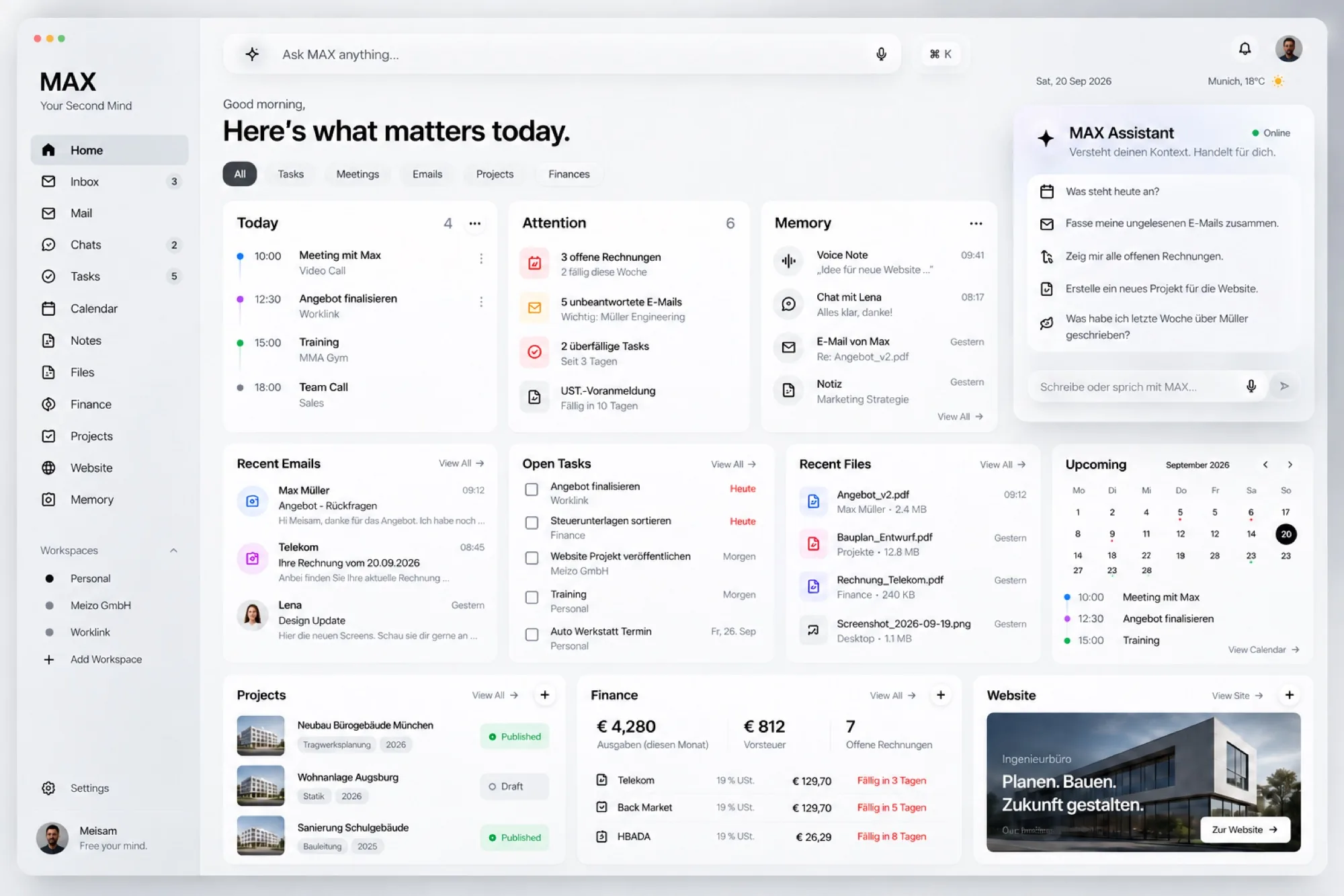MAX – Workspace mit Home-Übersicht, KI-Assistent, Mails, Aufgaben, Projekten, Finanzen und Website