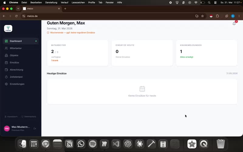 Meizo – Dashboard mit Einsätzen und Mitarbeitern